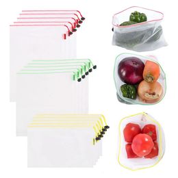 Set of 15 Reusable Mesh Bags Vegetables Fruit Mesh Bag Transparent Grocery Storage Bag Produce Bags with Drawstring 240229