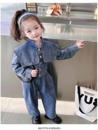 Clothing Sets Girls Spring Autumn Two Piece Set Cowboy Top Coat Jacket Pant Loose All-match Sweet Turn-down Collar Fashion Outdoor