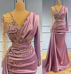 Light Purple Mermaid Evening Dresses Wear Sheer V Neck Crystal Beaded Long Sleeves Formal Prom Party Second Reception Special Ocn Gowns BC