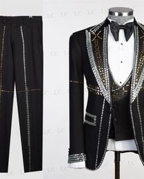 Men's Suits Sparkly 3 Pieces Blazer Vest Pants One Button Beadings Men Tuxedo Fashion Party Wear Prom Wedding Groom Plus Size Custom