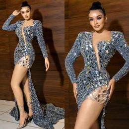 African Nigeria Silver Plus Size Prom Dresses Sexy Evening Dresses Sparkling Split Evening Gown Mirror Sequins Tassel Birthday Party Gowns for Black Women NL575