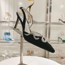 Rene Caovilla Rhinestone serpentine winding black high-heeled sandals anti velvet elegant sexy fashion luxury designer women's high heels banquet party shoes box