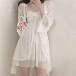 Dresses Qweek Korean Sleepwear Women Sexy White Robe Fairy Dress Set Woman 2 Pieces Nightie Princess Lace Nightgown Peignoirs Albornoces