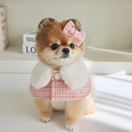 Accessories INS Cute Pink Pet Cape Warm Dog Collar Puppy Cat Plush Scarf Dog Hat Hairpin Three Sets Of Dog Accessories
