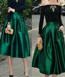 Dark Green Midi Skirts For Women High Waisted Ruched Satin Tea Length Petite Cocktail Party Skirts Top Quality Women Formal Outfit5349720