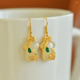 Dangle Earrings 2471-6# Sweet Lady Women HETIAN White Jade S925 Pure Silver Natural Nephrite Glod Olating Cheongsam Jacket Gemstone