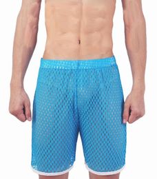 Men039s Shorts Mesh Men Sexy Beach Board See Through Fishnet Gay Male Stage Loose Hollow Out Blue Red Black White8361584