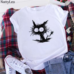 T-shirt Summer Black Shirt Women Funny Cat Print TShirt 100%Cotton O Neck Short Sleeve Tee Fashion Tshirt Woman Tshirts White