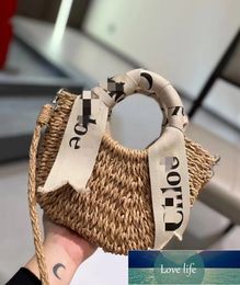Classic Letter Scarf Portable Straw-Weaved Bag Papyrus Woven Straw Bag Outing Vacation Portable Moon Bags