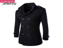 AOWOFS Winter Men Wool Pea Coats Black Mens Overcoat Short Trench Coats Male Double Breasted Wool Blends Brand Clothing7923760