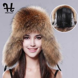 Trapper Hats FURTALK Women's Russian Raccoon&Lamb Leather Cap Ushanka For Women Winter Fur Hat Ear Cossack328i