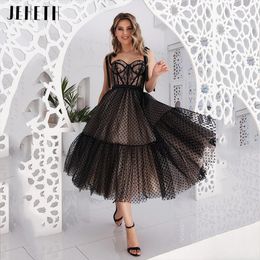 JEHETH Black Polka Dots Prom Dress For Women Tulle Open Back Bow Straps Lace Sweetheart A Line Evening Party Dresses Tea Length 240227