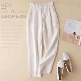 Capris New Cotton Hemp AnkleLength Pants Women's Summer Elastic Waist Casual Pants Office Ladies Elegant Cotton Linen Suit Pants 3XL