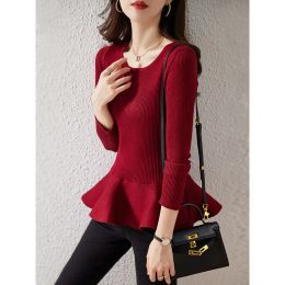 Pullovers Spring Ruffles Pullover Sweater Women Long Sleeve Knitted Sweaters Peplum Tops Elegant Korean Slim Fit Pull Femme Jumper Female