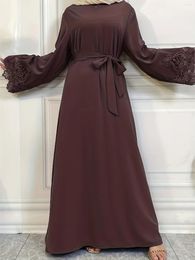 Ethnic Clothing Ramadan Eid Glossy Djellaba Muslim Dress Dubai Fashion Front Zipper Silky Abaya Lace Embroidery Robes Islam Robe