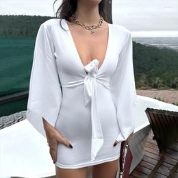 Casual Dresses Sexy Deep V Neck Flying Sleeve Lace Up Women Solid Mini High Waist Tight Club Outfits Spring 2024