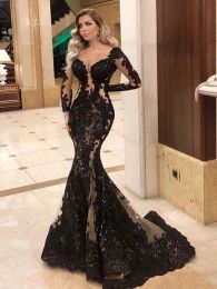 Black Sexy Mermaid Evening Pageant Dresses Illusion Long Sleeve Lace Sequins Applique Sheer Fishtail Ocn Prom Wear Gown