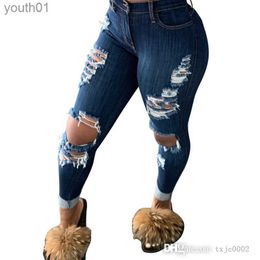 Women's Jeans Jeans For Womens Fashion Clothing Sexy Broken Hole Washed Slim Stretch Denim Leggings Long Pants Spring Summer Trousers Plus Size 240304