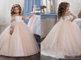 New Flower Girls Dresses For Weddings Jewel Neck Long Sleeves Lace Appliques Sweep Train Ball Gown Birthday Children Girl Pageant 4916538