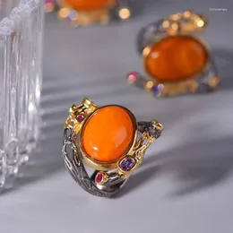 Cluster Rings S925 Sterling Silver Inlaid Evil Pattern Antique Wax Ring Orange Red Old Beeswax Fashion Retro Women's Jewellery