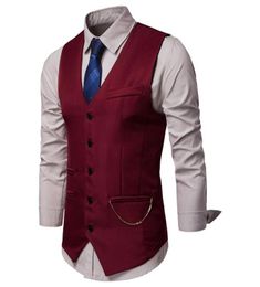 Mens Wine Red Single Breasted Suit Vest 2019 Fashion Chain Design Sleeveless Waistcoat Vest Men Party Wedding Prom Dress Vests4099250