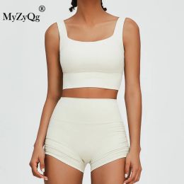 Outfit MyZyQg Women Thread Yoga Workout Twopiece Set High Strength Running Gym Bra Underwear Pleated High Waisted Shorts Suit