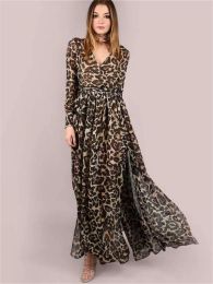 Dresses Dress Women Low Price on Sale 2023 New Temperament Summer Chiffon Dress Fashion V Neck Leopard Big Hem Dresses Vestidos Feminina