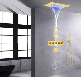 Brushed Gold Thermostatic 14 X 20 Inch LED Waterfall Rainfall Topend Shower Head Bath Mixer Faucet Set Body Sprayer Jet All Funct3145426