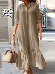 Autumn Cotton Hemp Loose Large Size Womens Long Dress Elegant and Style Lapel Half Open Retro 240226