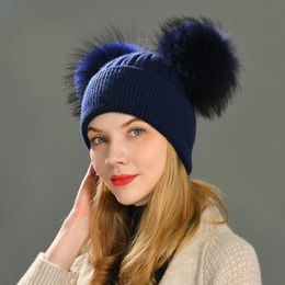 Double Real Raccoon Fur Pompom Hat Women Winter Caps Knitted Wool Hats Skullies Beanies Girls Female Two Pom Beanie 240227