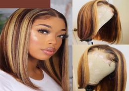 Ombre Brown Straight Bob Brazilian Wig Short Lace Frontal Wigs For Black Women Highlighted Synthetic Closure Wigs7445832