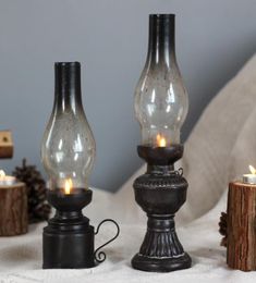 Creative Resin Crafts Nostalgic Kerosene Lamp Candle Holder Decoration Vintage Glass Cover Lantern Candlesticks Home Decor Gifts T4601402