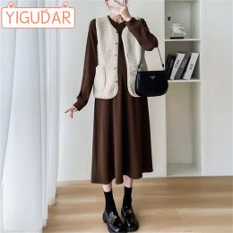 Dresses Autumn/Winter Korean Fashion Loose Mid length Dress+Fur Vest Pregnant Women's Set 2023 Pregnant Women's Wear Maternity Dress