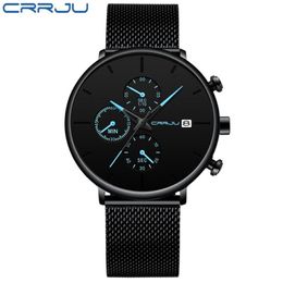 Mens Women StopWatches CRRJU Unique Design Luxury Sport Wrist Watch Stainless Steel Mesh Strap Men's Fashion Casual Date Watc278F