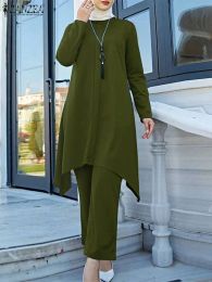 Sets 2023 ZANZEA 2PCS Long Sleeve ONeck Solid Color Blouse Loose Pant Vintage Muslim Sets Elegant Casual Dubai Turkey Matching Set