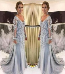 Elegant Blue Silver Mother of the Bride Dresses Long Sleeves 2021 V Neck Godmother Evening Dress Wedding Party Guest Gowns New3464171