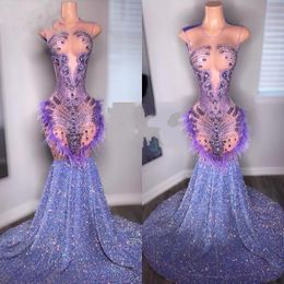 Lavender Prom Dresses Black Girls Diamond Feathers Mermaid Birthday Party Gowns Abend Kleider 2024 Vestidos De Gala