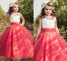 Princess Coral Flower Girl Dresses Sheer Neck Lace Beaded Sleeveless Corset Back Tulle Child Pageant Wedding2187922
