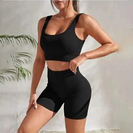 Womens Seamless Ribbed Yoga Set 2-piece Set Short Fitness Suit Tank Top High Waisted Shorts Set Fitness Running and Sports 240301