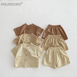 INS Korean Style Summer Thin Solid Color Short Sleeve Shirt and Shorts Set for Toddler Boys Baby Casual Two-Piece Outfit 240226