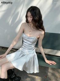 Casual Dresses Low-cut Summer Sexy Sundress Women Silvery Slim Folds Design Bandage Sweet Backless Chic Ruffles Aesthetic Beach Style