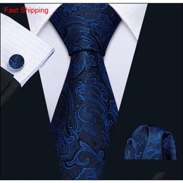 Fast Mens Ties 100% Silk Designers Fashion Navy Blue Floral Tie Hanky Cufflinks Sets For Mens Formal Wedding Party Groom 248b