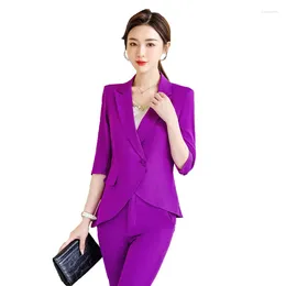 Women's Two Piece Pants Formal Uniform Designs Pantsuits Spring Summer Fall Half Sleeve Professional Business Work Wear Blazers Female