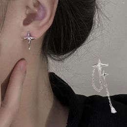 Stud Earrings Fashion Sliver Colour Asymmetric Cross Star Chain Tassel Earring For Women 2024 Trendy Shiny Crystal Drop Y2K Jewellery