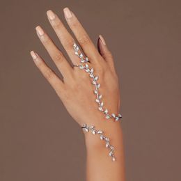 Stonefans Adjustable Leaf Cubic Zircon Hand Palm Bracelet for Women Luxury Handmade Bridal Hand Piece Wedding Bangle Jewelry 240219
