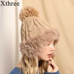 Xthree Knitted Winter Ear flaps Caps Women Rabbit Fur Bomber Hat Ear Flap Cap Casual Winter Trapper Hats Female Russian Hats G0923227q