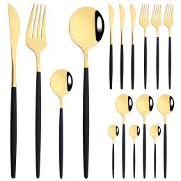 Sets 16Pcs Black Gold Dinnerware Set Knives Forks Tea Spoon Cutlery Set Stainless Steel Silverware Flatware Western Kitchen Tableware