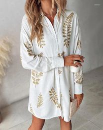 Casual Dresses Summer Dress For Women Daily Vacation Plants Leaf Embroidery Turn-down Collar Long Sleeve Button Straight Shirt