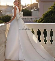 Fancy A Line Satin Wedding Dress 2024 Elegant V Neck Rustic Country Bridal Dresses With Big Bow Sexy Vestidos Novias Boda Robes De Mariee Garden Custom Bride Dress