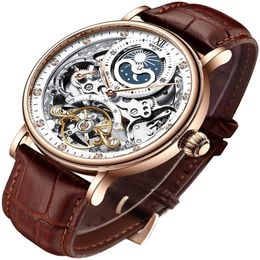 Mens Luxury Skeleton Automatic Mechanical Wrist Watches Leather Moon Phrase Luminous Hands Self-Wind Wristwatch232o